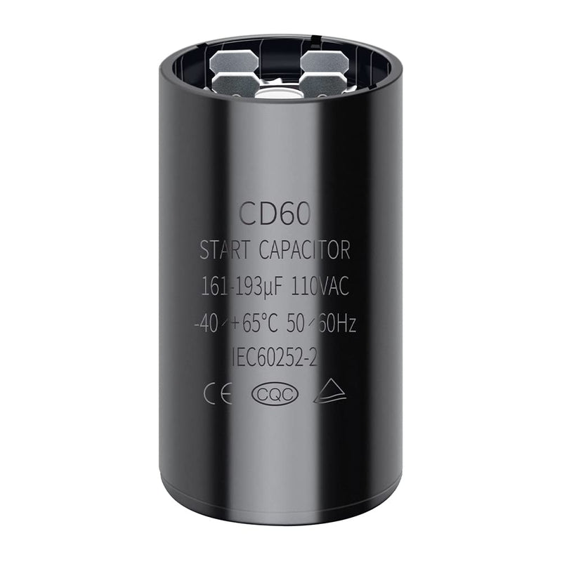 161-193 uf/MFD 110-125 VAC Round Start Capacitor ±20% 50/60 Hz CD60 Round Motor Well Pump Start Capacitor (161-193 uf/MFD) 161-193 uf/MFD