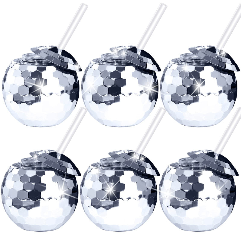 6 Pcs Disco Ball Cups Silver Spherical Cup Disco Flash Ball Cocktail Cup Sparkly Glitter Disco Ball Cups with Lid and Straw Disco Wine Glass Drinking Syrup Tea Bottle for Disco Bar Party Supplies