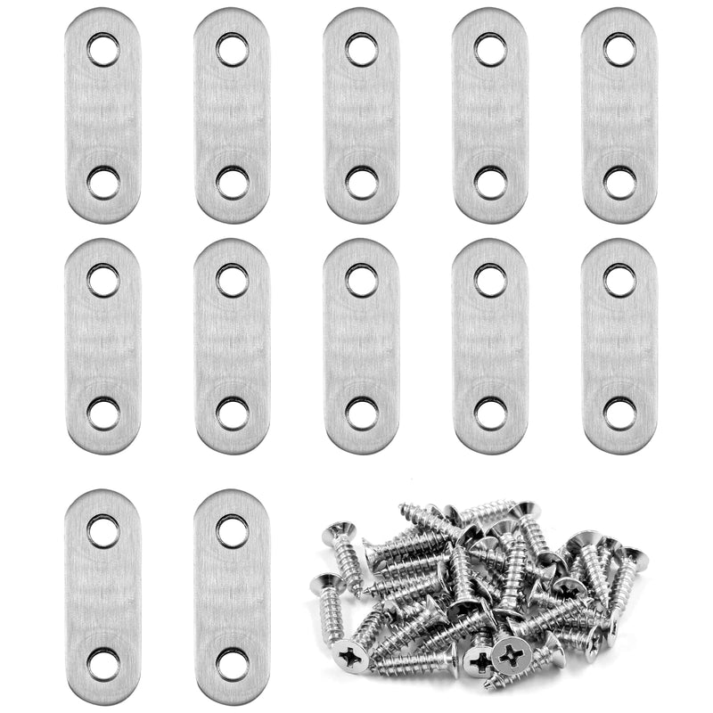 Litoexpe 12 Pcs 1.9 Inch Stainless Steel Straight Brackets, Silver Flat Straight Brace Metal Mending Plate Connector for Wood Furniture Repair, with 24 Pieces Screws (1.9 x 0.6 inch, 47 x 16 mm) 1.9 x 0.6 inch (12 Pack)