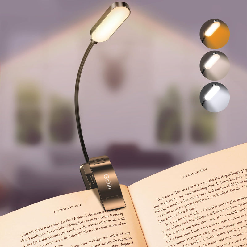 Gritin 16 LED Rechargeable Book Light for Reading in Bed- Eye Caring 3 Color Temperatures, Stepless Dimming Brightness, 80 Hrs Runtime, Lightweight Flexible Clip on Book Light for Book Lovers Black