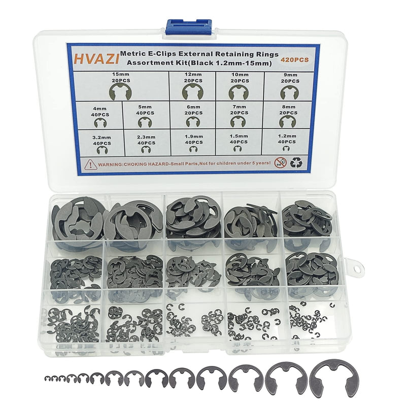 420PCS Metric 1.2mm-15mm E-Clips External Retaining Rings Assortment Kit,DIN 6799,Black-Phosphate Finish