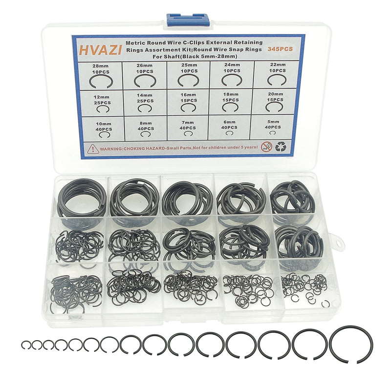 Metric 15-Sizes Round Wire C-Clips External Retaining Rings Assortment Kit;Round Wire Snap Rings for Shaft(Black 5mm-28mm)