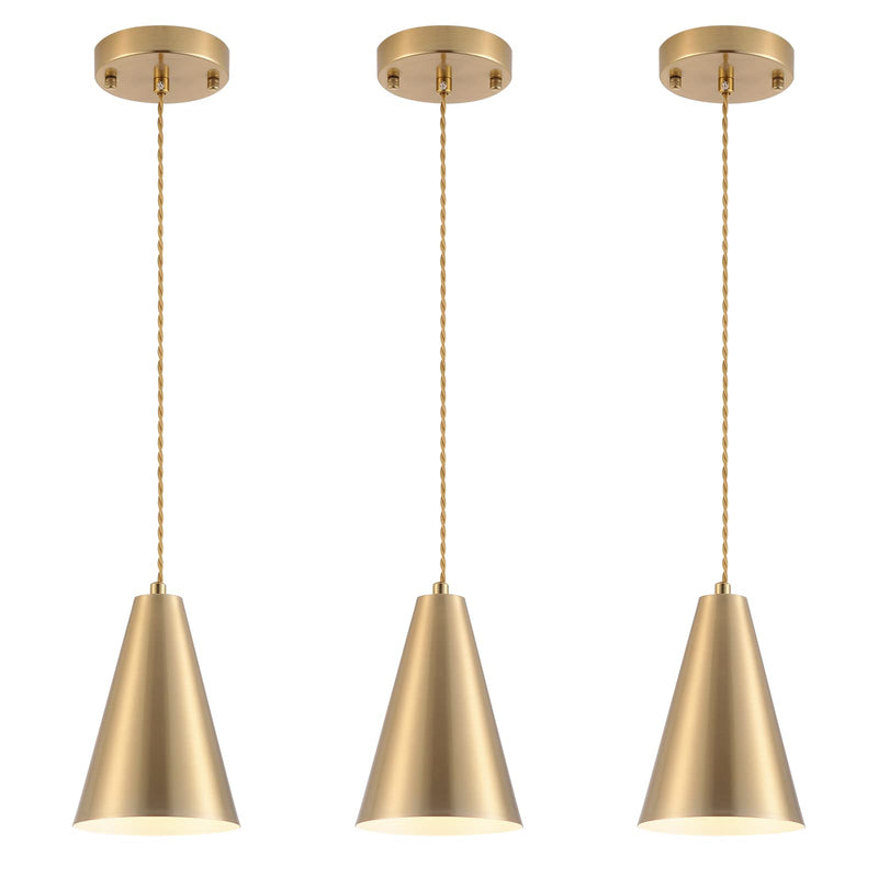 Gold Pendant Lights Kitchen Island,Dining Room Light Fixtures Over Table 3 Pack with Brushed Brass Cone Metal Shade, Modern Farmhouse Mini Chandeliers,Adjustable Cord Hanging Lighting for Bar,Sink 3Pack Gold