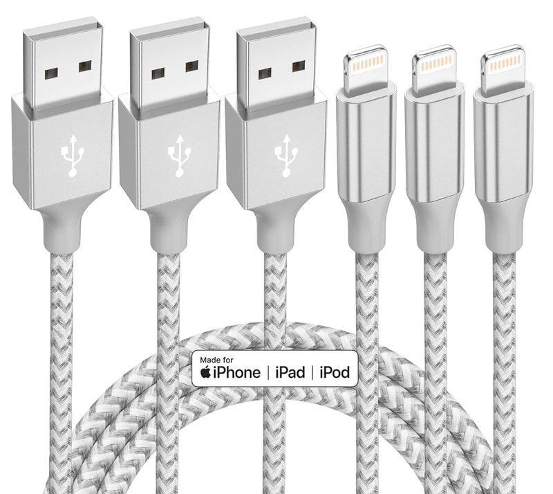 iPhone Charger 3 Pack 10 ft Apple MFi Certified Lightning Nylon Braided Cable Fast Charging Cord Compatible with iPhone 13 12 11 Pro Max XR XS X 8 7 6 Plus SE iPad and More GrayWhite