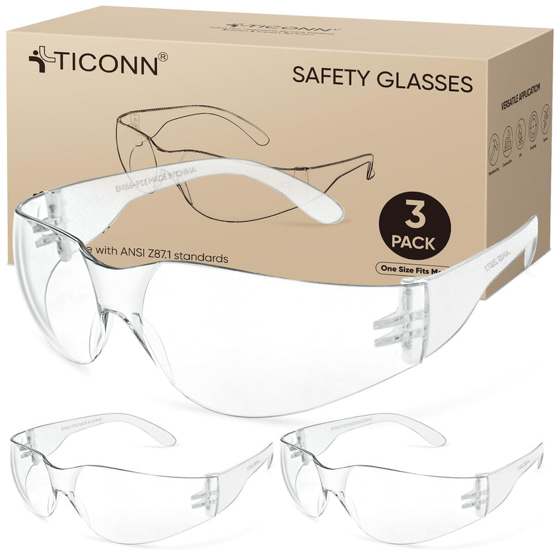TICONN Clear Safety Glasses for Men, Safety Goggles with Scratch Impact Resistant Meets ANSI Z87.1 Standard 3 Pairs