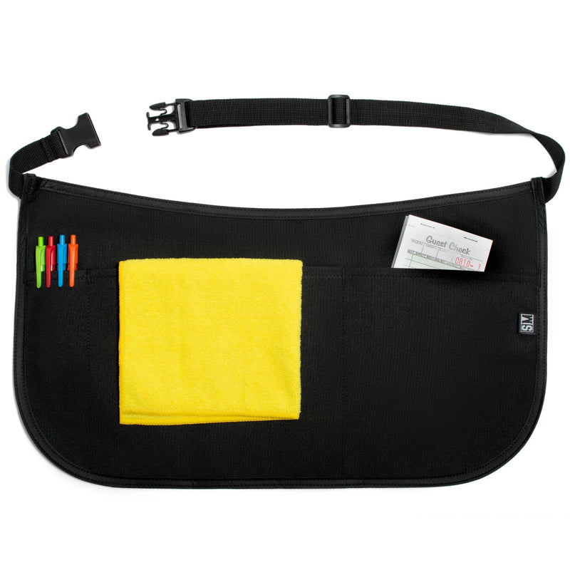 Waterproof Server Apron with Buckle - Stainproof Waist Apron for Waiters and Waitresses Short (3-pocket) Jet Black