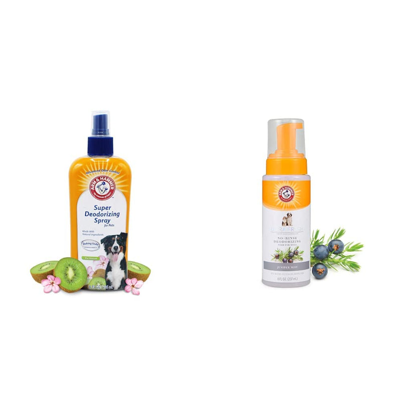 Arm & Hammer for Pets Super Deodorizing Spray, 8 Fl Oz - 2 Pack & Ultra Fresh No Rinse Deodorizing Foam for Dogs, Juniper Mist, 8 Oz | Waterless Dog Shampoo - PawsPlanet Australia