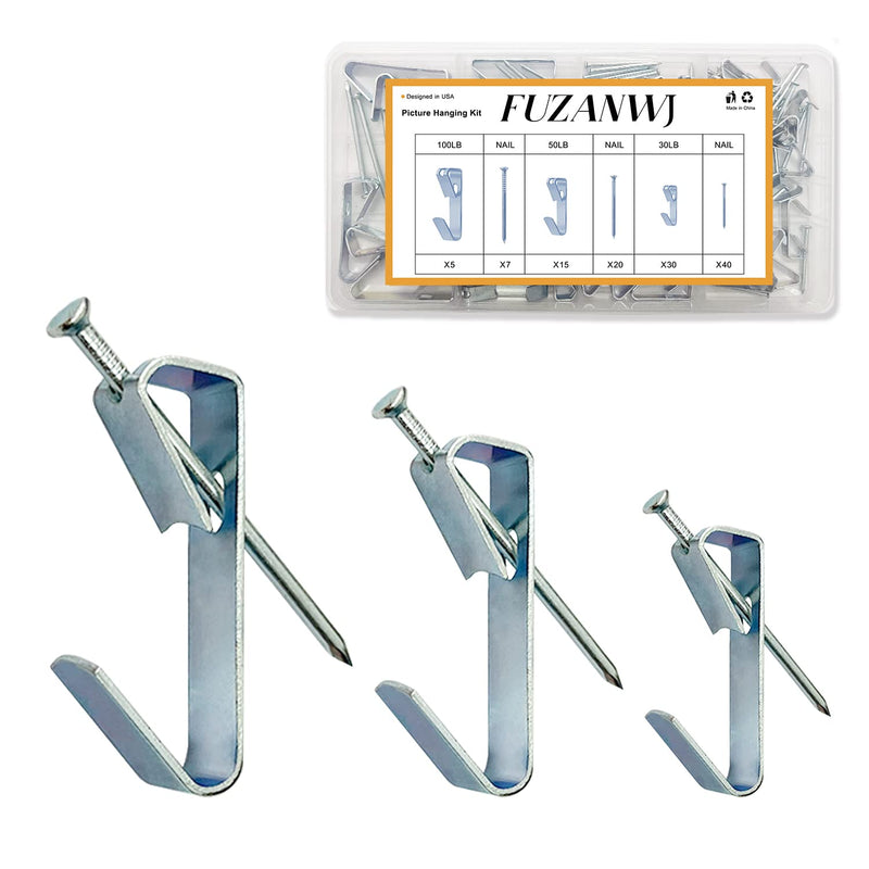 117Pcs Picture Hangers, 3 Size Picture Hooks Including 30/50/100lbs, Picture Hanging Kit, Professional Plaster Picture Hanging Kit for Wooden Wall or Drywall(50 Hangers+ 67 Nails) Silver30- 100lbs