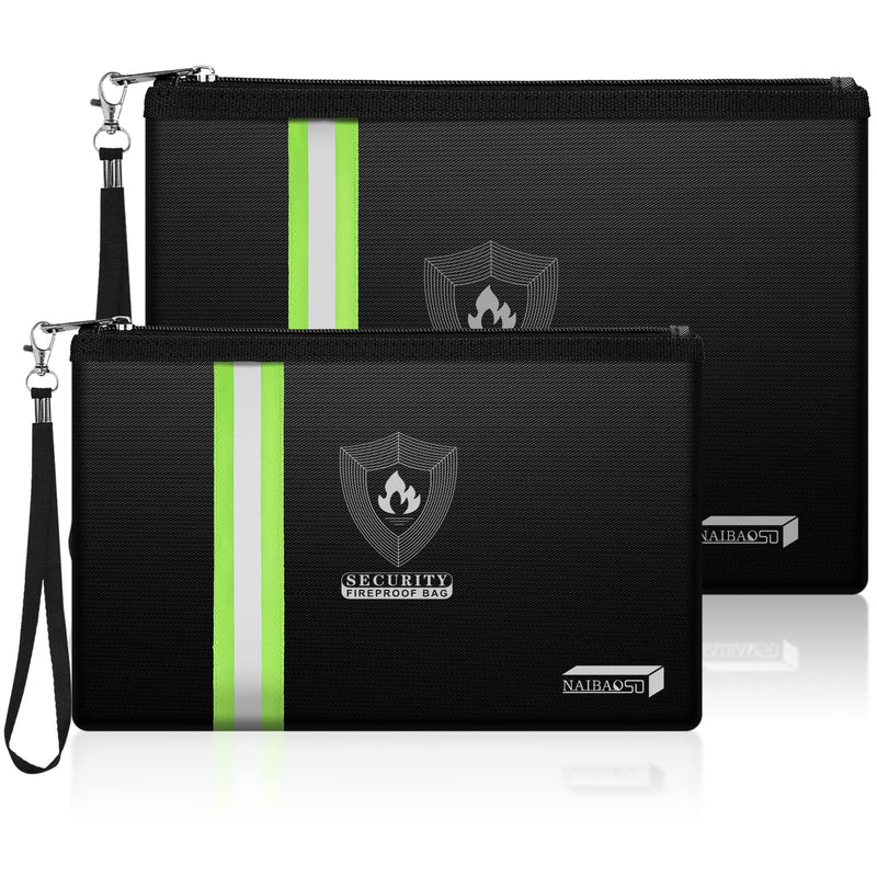 Fireproof Document Bag (13.3”x 9.4”) with Reflective Strip, NAIBAOSD Fireproof Money Bag(10.8”x 6.8”) with Metal Zipper & Strap Fireproof Bag for Documents, Cash,Passport, Valuables BLACK