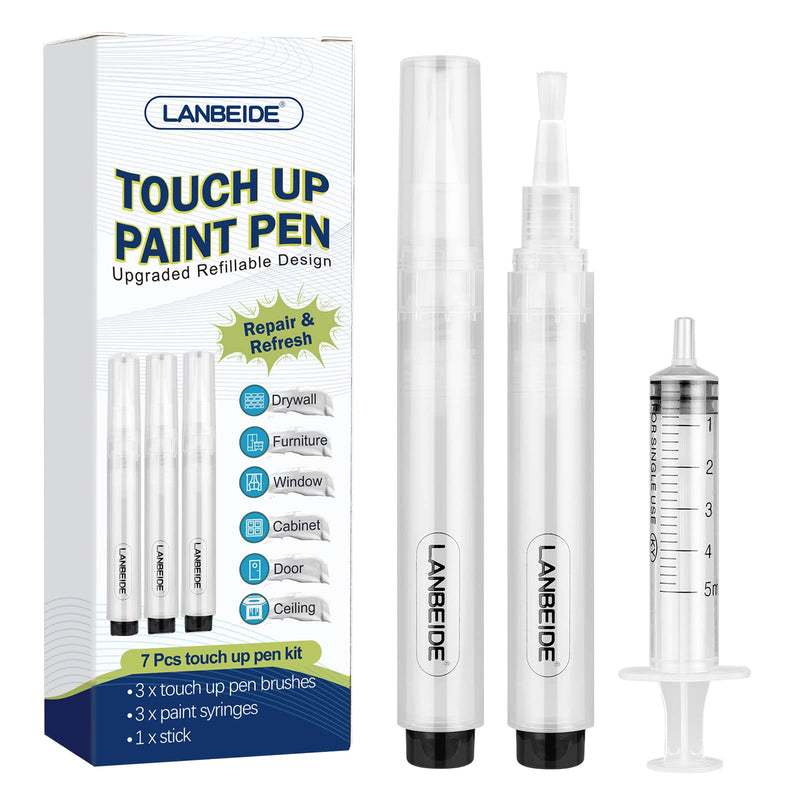 LANBEIDE Refillable Touch Up Paint Pens, 3Pcs Paint Brush Pens for Walls Repair, Furniture Repair Kit for Drywall, Wood Floors, Cabinets, Windows, Doors, Desks 6ML 3 Count (7 pcs kit)