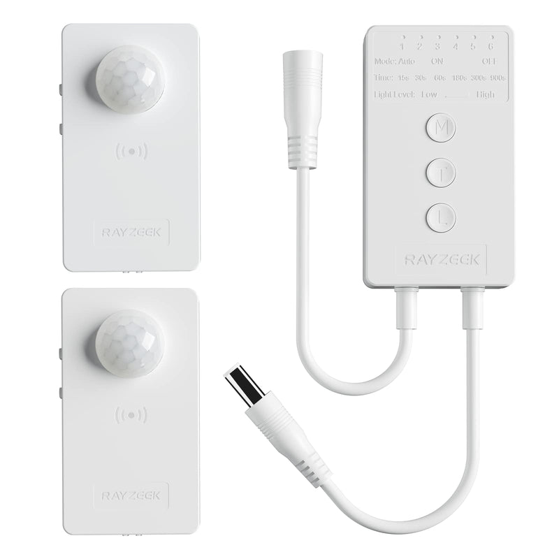 RAYZEEK Wireless Motion Sensor Controller Kit-No Wiring Mini PIR Sensor Switch 12/24VDC RF Wireless Control Led Strip Lights with Dimmable,Timer for Stairway(1 ×Controller+2 ×Motion Sensor) Controller*1+Motion Sensor*2