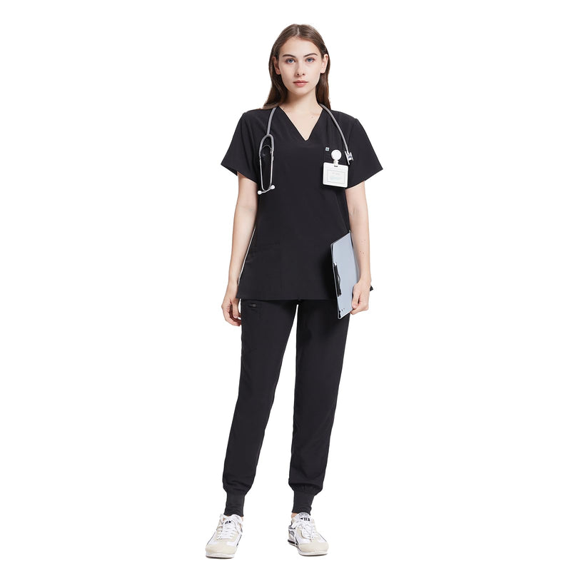 Uniforms World Scrubs for Women Set - Stretch Scrub Top & Pants with 8 Pockets, Yoga Waistband, Anti Wrinkle, Slim Fit Black Medium