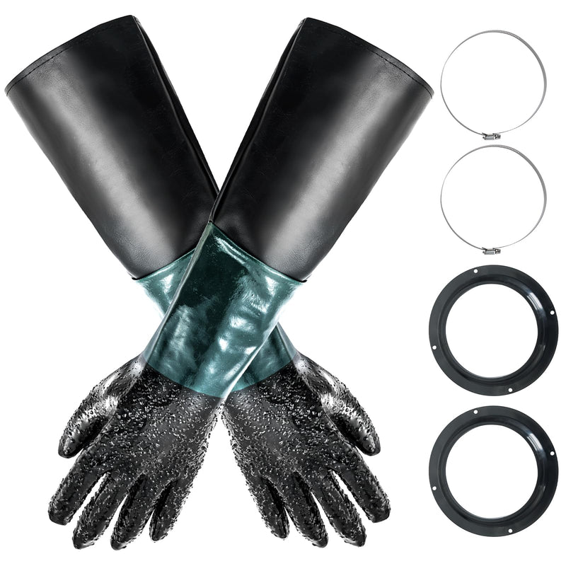 Rubber Sandblasting Gloves | 1 Pair 23.6" Blast Protection Gloves Kit with 2 Glove Holders & Metal Clamps | Suitable for for Sandblast Cabinets