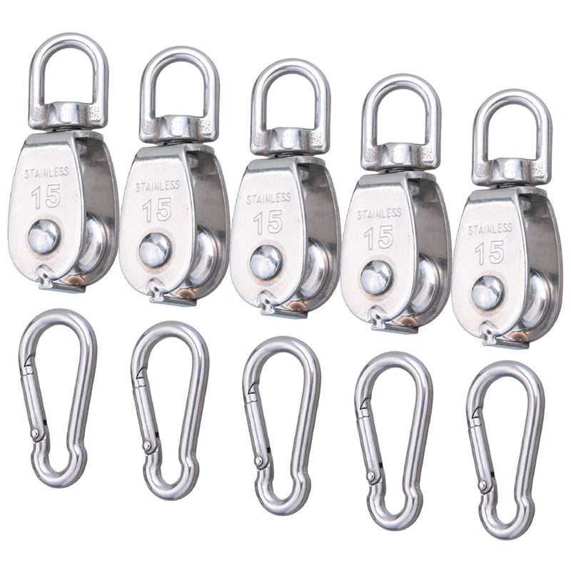 5 Pcs M15 Single Pulley Block, 304 Stainless Steel Lifting Crane Pulley, Wire Rope Hanging Pulley Wheel, with 5 Pcs Spring Snap Hook 5*M15 Pulley/Hook