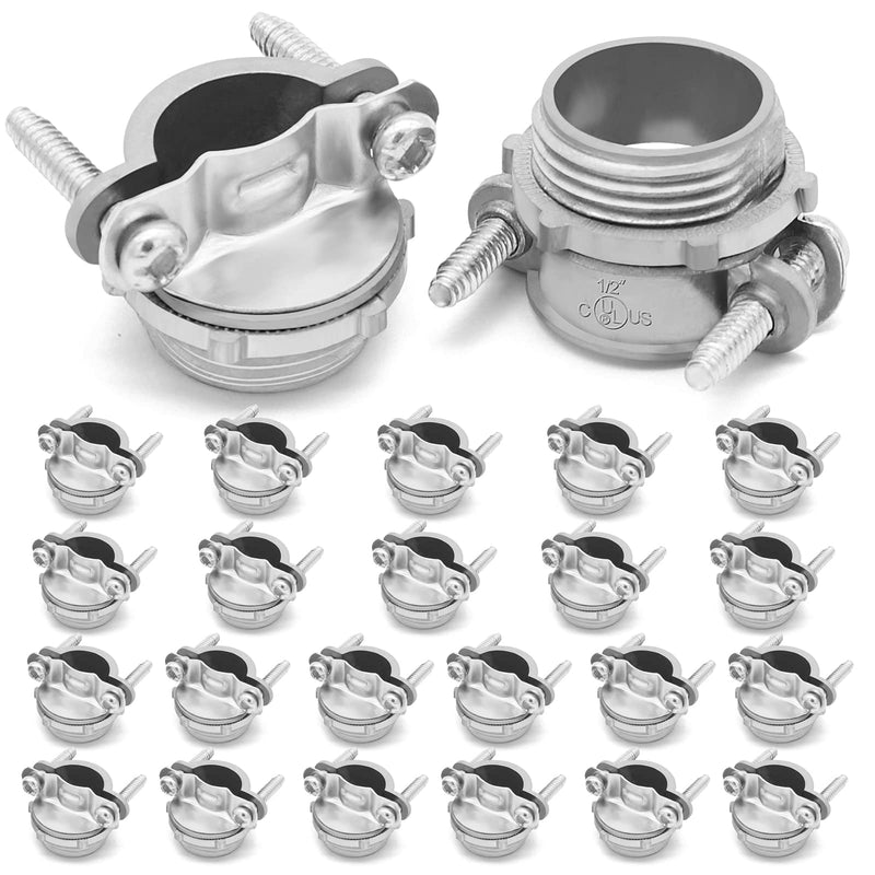 24pcs 1/2Inch Clamp Type Cable Connectors for Metallic Conduit Protect Cables Silver-Zinc 1/2"-24pack