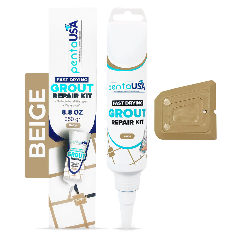 PentaUSA Tile Grout Repair Kit - Beige Grout Filler, Triple Protection, Fast Drying Formula Restores and Renews Grout Lines with Grout Float (Beige, 8.8oz / 250gr)
