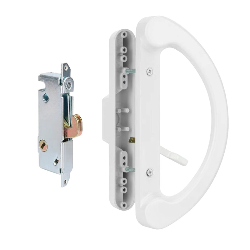 Patio Door Handle Set with Mortise Lock 45° for Replacement Mortise Style Reversible Design Non-keyed Sliding Patio Glass Door Handles, Fits 3-15/16” Screw Hole Spacing White Finish Handle Set + Mortise Lock