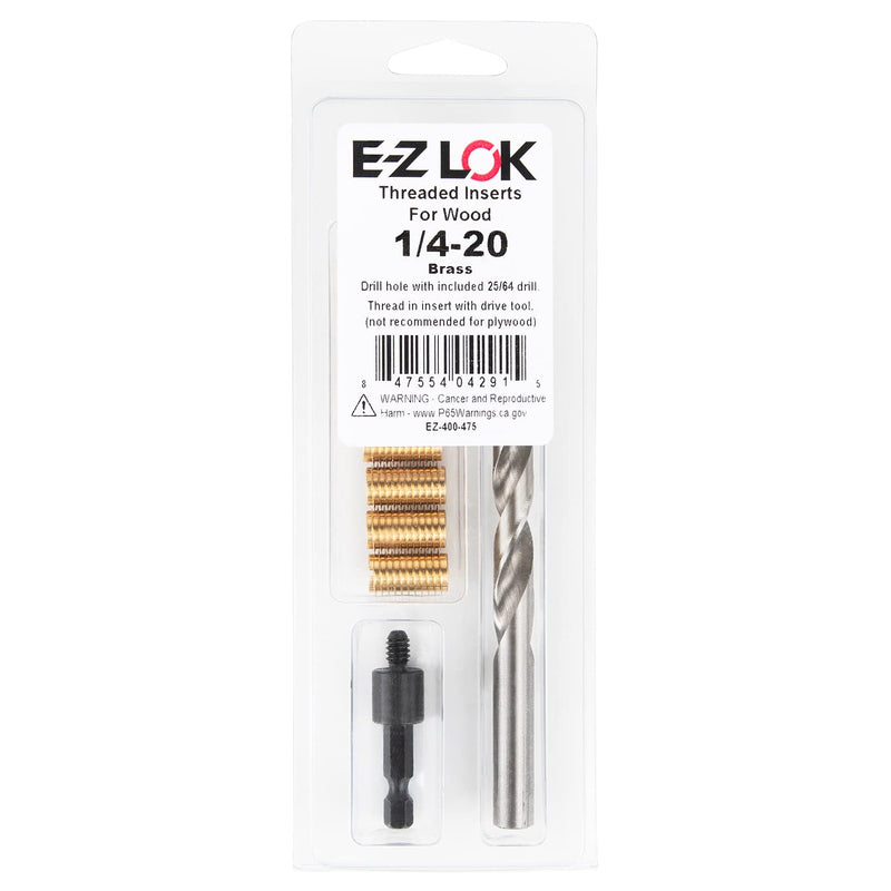 E-Z LOK EZ-400-475 Threaded Inserts for Wood Installation Kit, Brass Thread Inserts, 1/4-20 Internal Threads, 0.75" Length, 8 Inserts, 1 Drill, 1 Installation Tool
