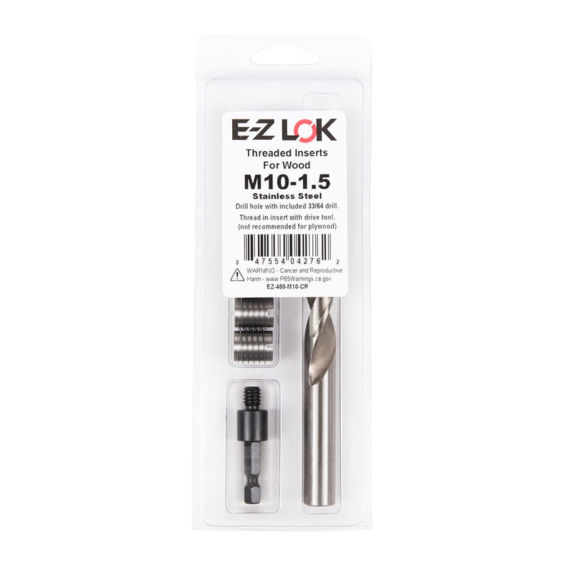 E-Z LOK M10-1.5 x 0.625" Stainless Steel Threaded Inserts for Wood, 5-Piece Kit with Drill & Installation Tool