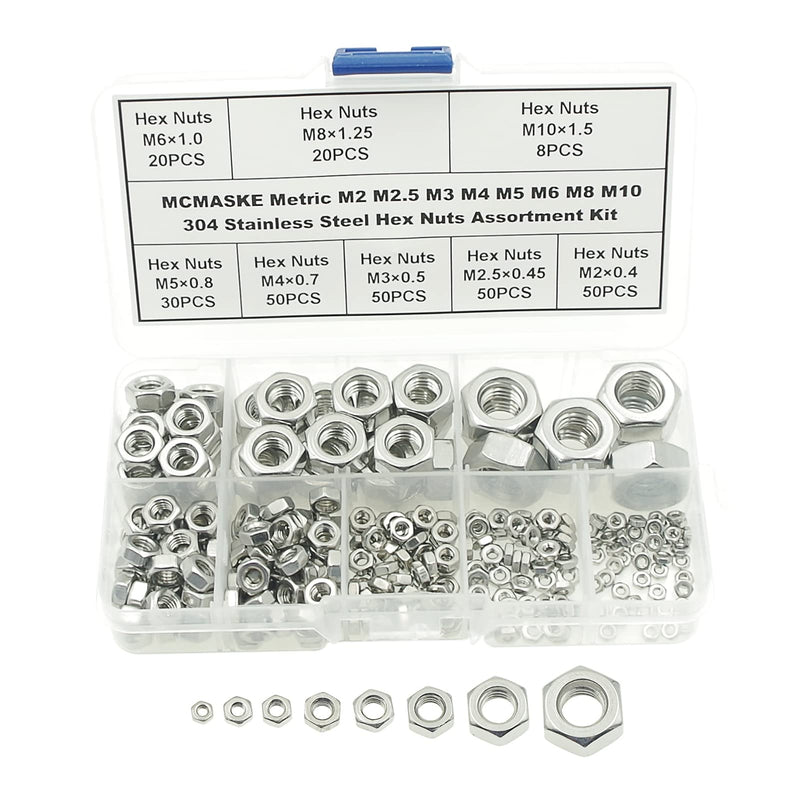 M2 M2.5 M3 M4 M5 M6 M8 M10 Stainless Steel Hex Nuts Assortment Kit for Screws and Bolts M2M2.5M3M4M5M6M8M10