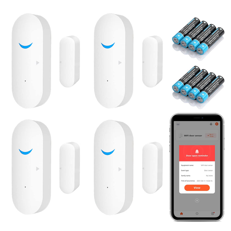 Smart Door Sensor Alarm Wireless, WiFi Door Window Detector with 8 Batteries, Smart Linkage Window Door Contact Sensor for Home Security Compatible with Alexa/Google Assistant, No Hub Required, 4 Pack