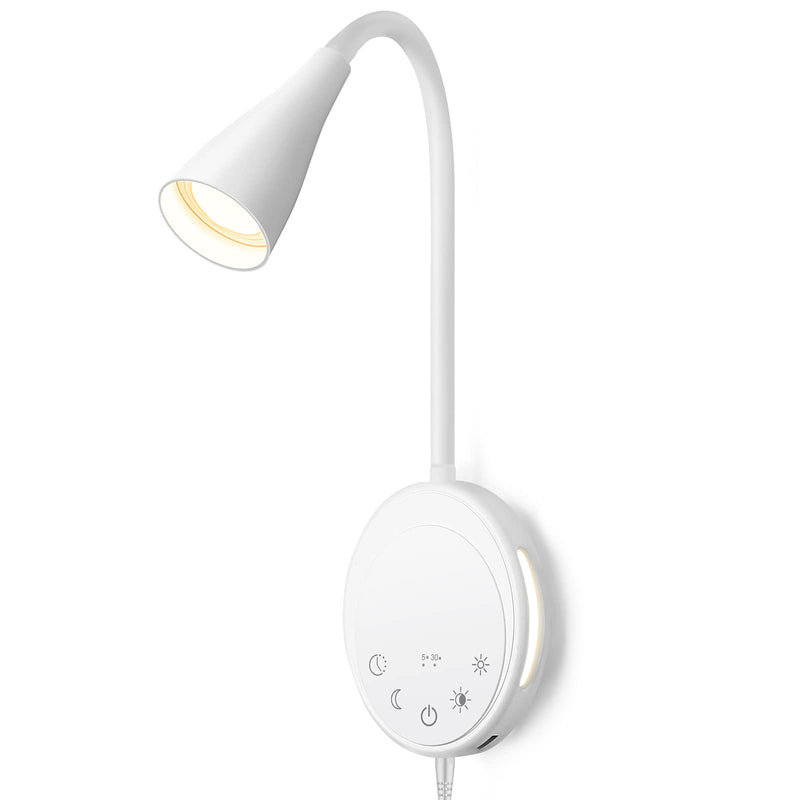 LED Wall Mounted Reading Light, Book Light for Reading in Bed with Touch Control, 5 Dimmable, USB Output, Night Light & Timers Function, Flexible Gooseneck Headboard Bed Lights (White) White