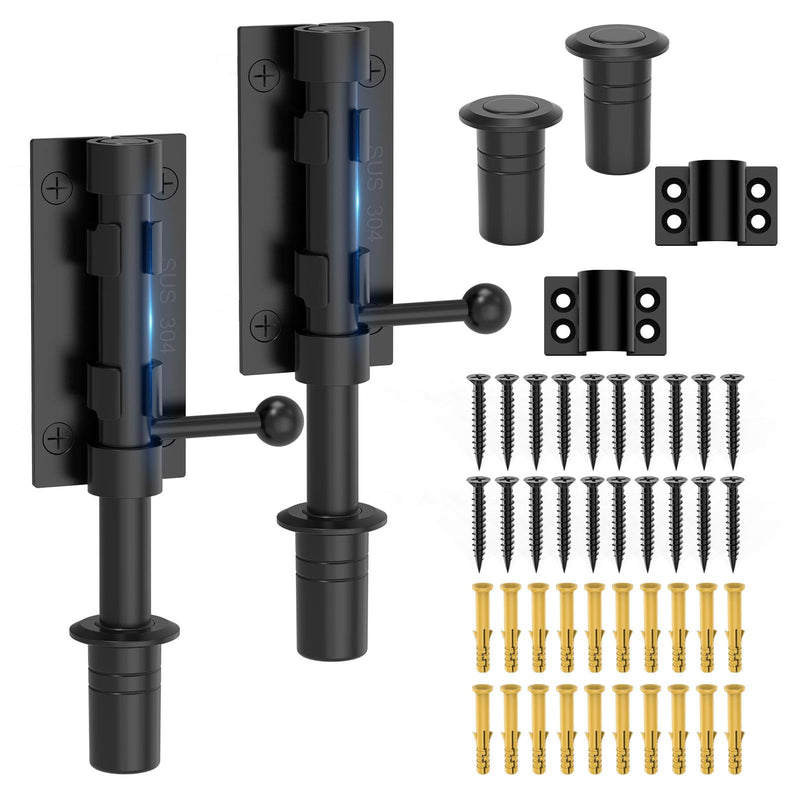 Slide Bolt Gate Latch Hardware, Barrel Bolt Latch, 6.3 Inch Heavy Duty Solid 304 Stainless Steel Black Finish Lock for Wooden Fence/Shed/Yard/Barn Door/Interior and Outdoor (2 Pack Black) 2 Pack Black