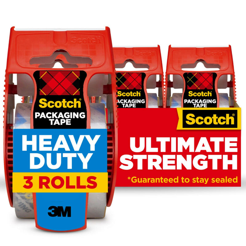 Scotch Heavy Duty Shipping Packing Tape, Clear, Holiday Shipping Supplies, 1.88 in. x 22.2 yd., 3 Tape Rolls with Dispensers 3 Rolls