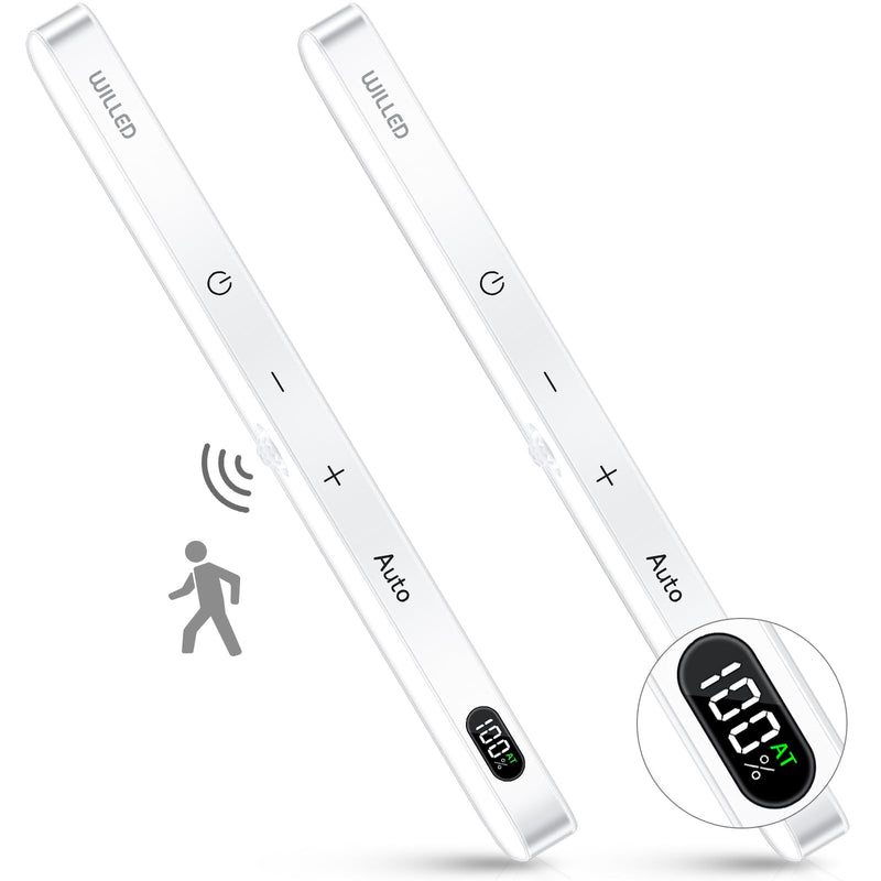 WILLED Under Cabinet Lights Rechargeable, Battery Display, 60 LED Touch Light Bar, Motion Sensor Light Indoor, Battery Operated Closet Light Wireless, Stick on Under Counter Lights for Kitchen(2 Pack) Cool White 6000K 2 Pack