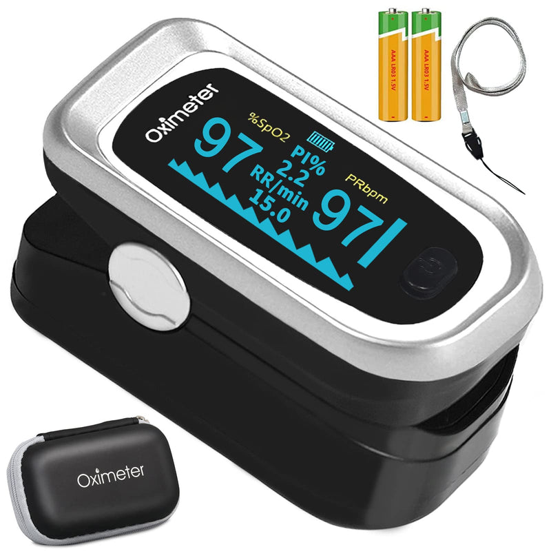 Pulse Oximeter Fingertip, 4 Data Pulse Oximeter with Respiration, pusle oximeter with respiratory rate, SpO2 Pulse Rate Oxygen Meter, OLED Oximetry Include Batteries, Carry Bag & Lanyard（Black Silver）