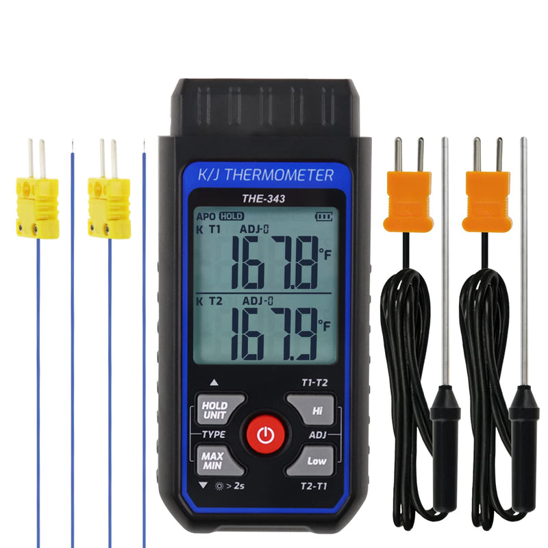 Thermocouple Thermometer Digital K Type Thermometer with 4 Thermocouples, -328~2500℉ Measuring Range HVAC Thermometer Dual Channels Temperature Meter Gauge with LED Backlight & ADJ Compensation 2 Channels Thermometer