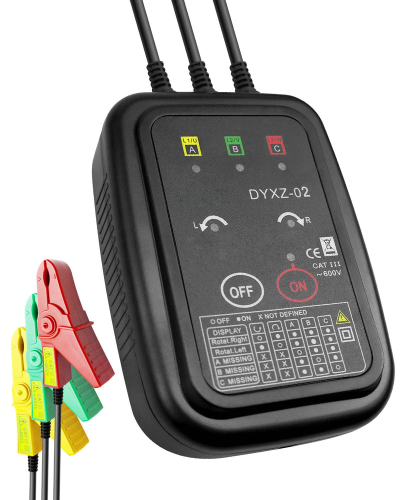 3 Phase Rotation Tester Non Contact Rotation Meter AC 70~600V | High Magnetic Induction Phase Sequence Detector with 22 Inch Clamp Lead, LED, Carrying Bag Auto Power Off Phase Meter DYXZ-02