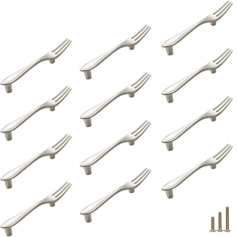12Pcs Funny Cutlery Tableware Cabinet Pulls,Creative Spoon Fork Knife Shape 3" Hole Center Vintage Kitchen Cupboard Pulls Handles,Cute and Fun (Fork, Silver, 12Pcs)