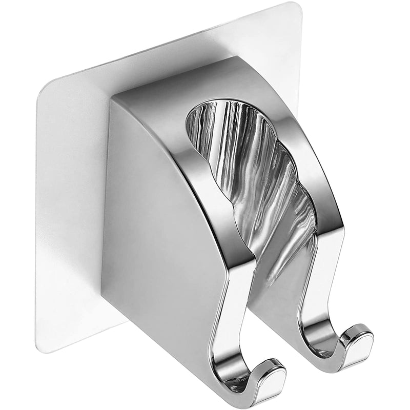 JONKEAN Chrome Handheld Shower Head Holder with 2 Hanger Hooks, Strong Adhesive Shower Head Holder, Adjustable Shower Wand Holder Wall Mount, Bathroom Waterproof Shower Handle Holder No Drill Need 1 Pack