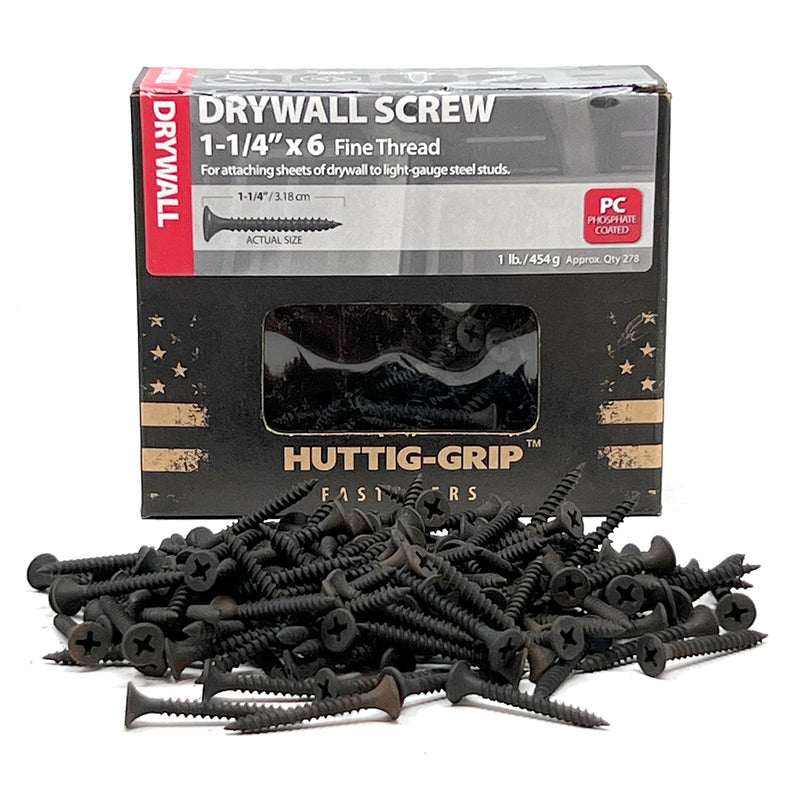 Huttig-Grip 278 pcs Drywall Screw #6 x 1-1/4 inches, Fine Thread, Phillips Drive, Phosphate Coated Finish, HGS114FDW1-1 lb Pack 1.25" x 6 Fine