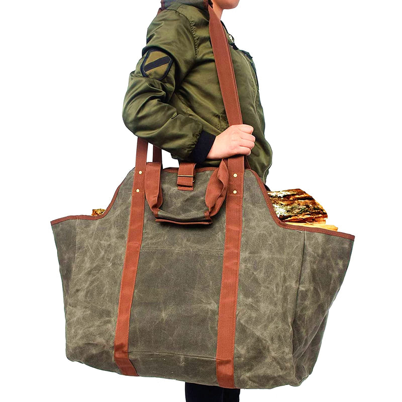 Green Leather Indoor Fireplace Log Holder - Wood Carrier for Firewood Rack & Tote Green