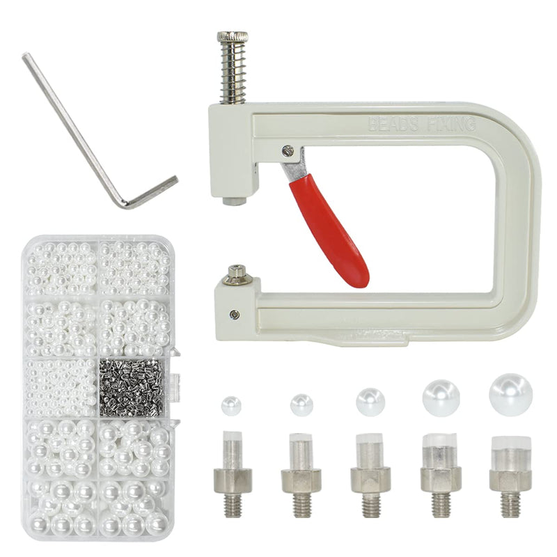 Pearl Handmade Setting Machine with 5 Sizes of Round Pearl ABS Beads Rivet Studs and 900 Pcs Nailheads Spots Studs Kit for Hats Shoes Clothes Bags Skirts Beads DIY Accessories