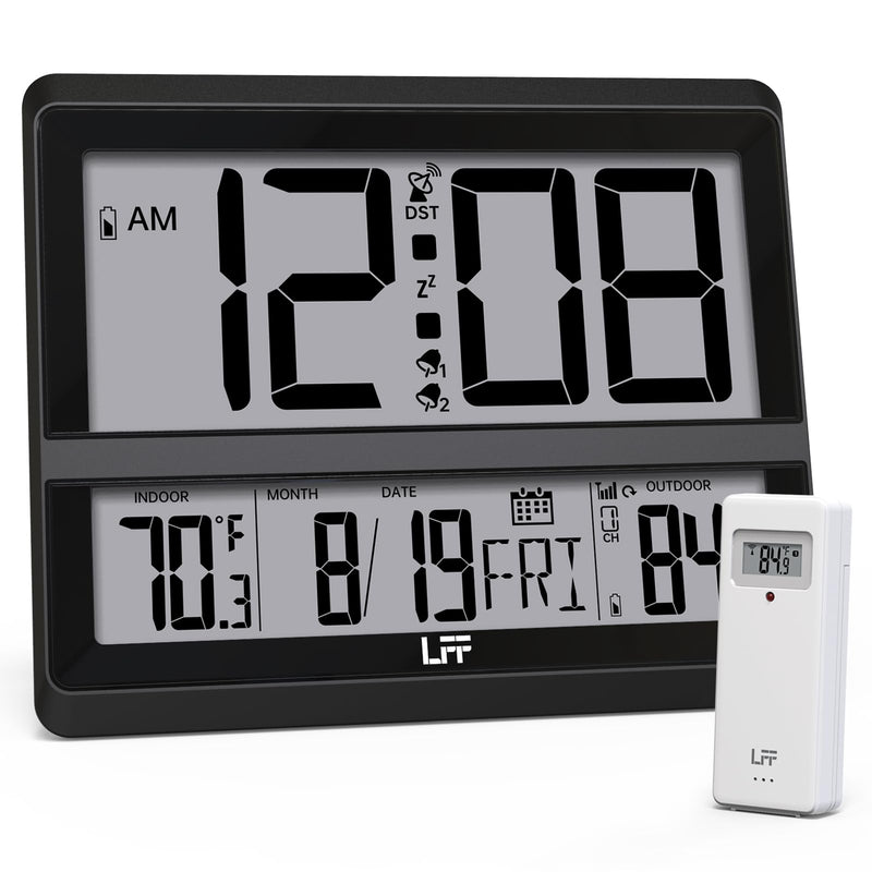 LFF Atomic Clock Large Display, Digital Wall Clock with Indoor Outdoor Temperature and Date, Wireless Outdoor Sensor, Digital Desk Alarm Clock Battery Operated for Bedroom, Easy to Read, Black