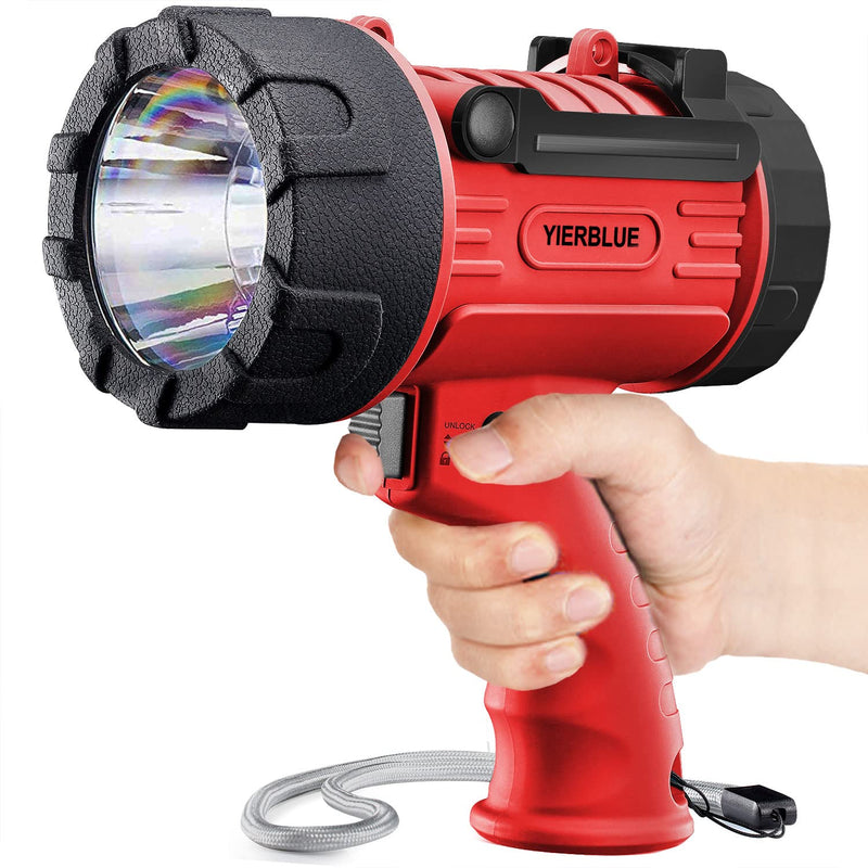 YIERBLUE Rechargeable Spotlight Flashlight with 100,000 High Lumen LED, IP67 Waterproof Long Running Spot Light searchlight, Impact Resistant Handheld Spotlight with Foldable Stand and Red Lens Red-Pro