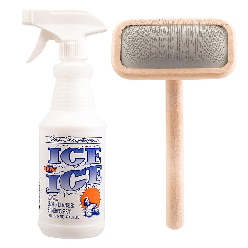 Chris Christensen Detangler and Finishing Spray Bundle: Ice on Ice Detangler - Adds Elasticity & Strength + Mark II Slicker Brush - Stainless Steel Pins - PawsPlanet Australia