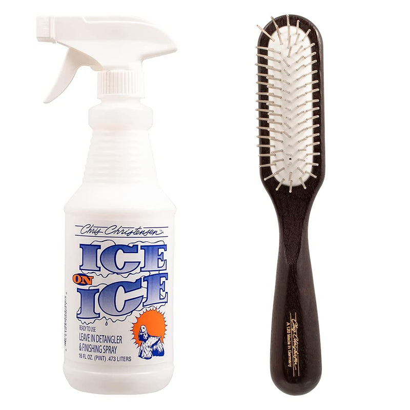 Chris Christensen Ice on Ice Detangle & Finishing Bundle: Detangler Spray for Elasticity & Strength + 20mm Slip Dematting Brush for Smooth Coats - PawsPlanet Australia