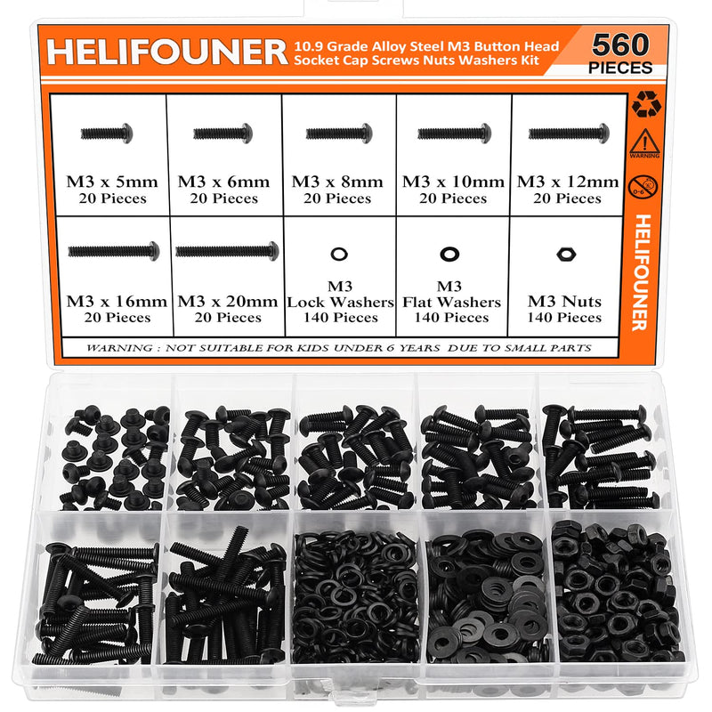 560 Pieces M3 x 5mm /6mm /8mm /10mm /12mm /16mm /20mm, Button Head Socket Cap Screws Bolts Washers Nuts Kit, 10.9 Grade Alloy Steel, Full Threaded, Black