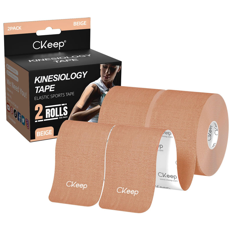 CKeep Kinesiology Tape, Uncut 2 Rolls, Original Cotton Elastic Premium Athletic Tape,Latex Free Hypoallergenic, 2inch x 16ft, Begie Beige