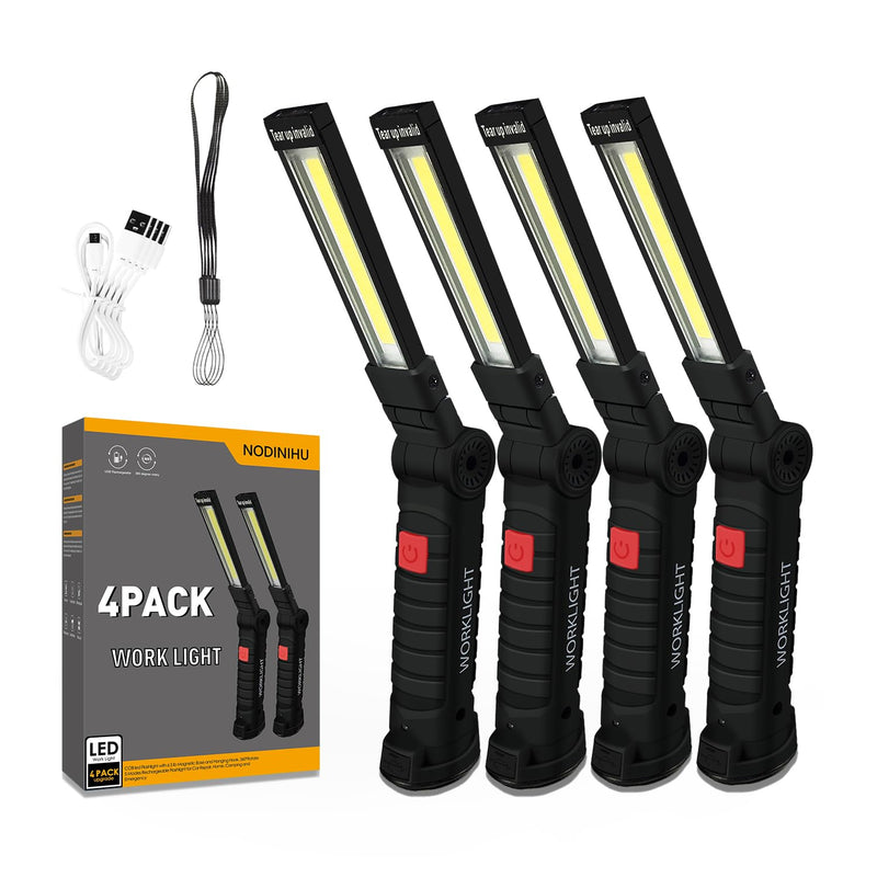 Working Light Portable, Rechargeable Work Lights with Magnetic Base Hanging Hook,360° Rotate 5 Modes,COB LED 800 Lumens Foldable Inspection Light for Car Repair, Grill and Outdoor Use(4pack) Black*4
