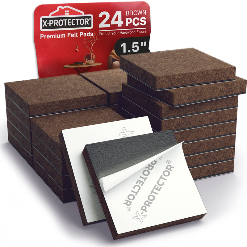 24 Heavy-Duty Felt Furniture Pads 1.5” 1/4” Thick X-Protector! Square Felt Pads for Furniture Feet - The Best Felt Floor Protectors for Furniture to Prevent Scratches. Protect Your Hard Floor! (Brown) 1.5 inch 24 PCS Square