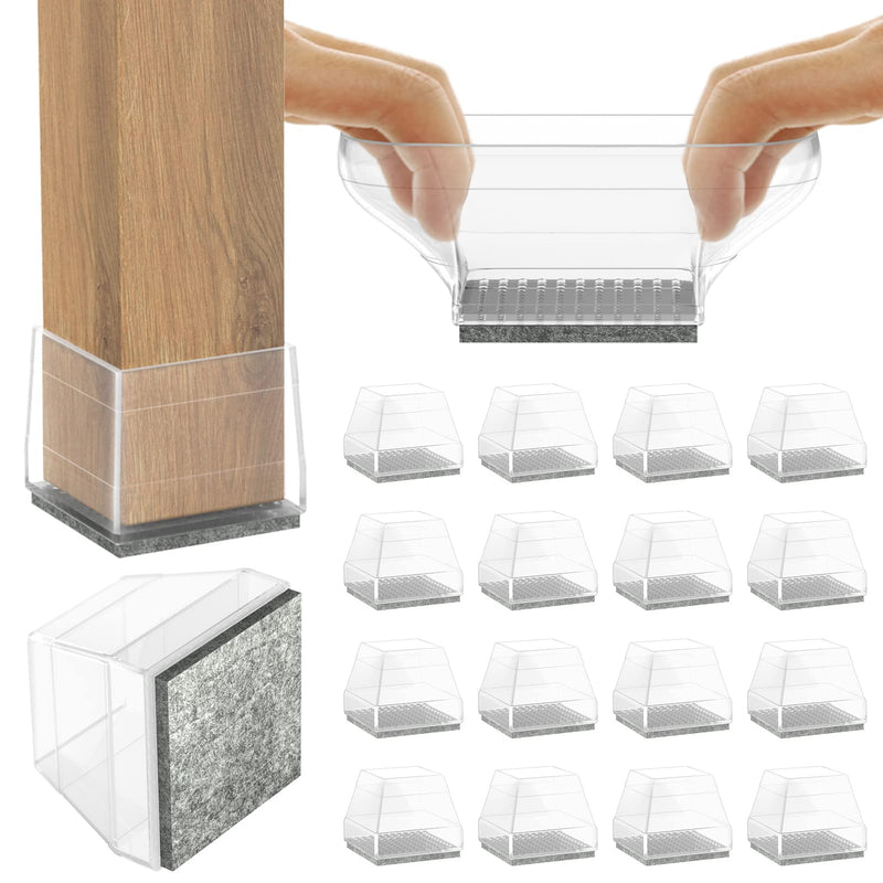 Square Chair Leg Protectors for Hardwood Floors,16 Pcs Silicone Felt Furniture Legs Caps to Prevent Floor from Scratches and Reduce Noise, Easy to Move,1.26-1.57",Clear. Clear Square L(1.26-1.57")
