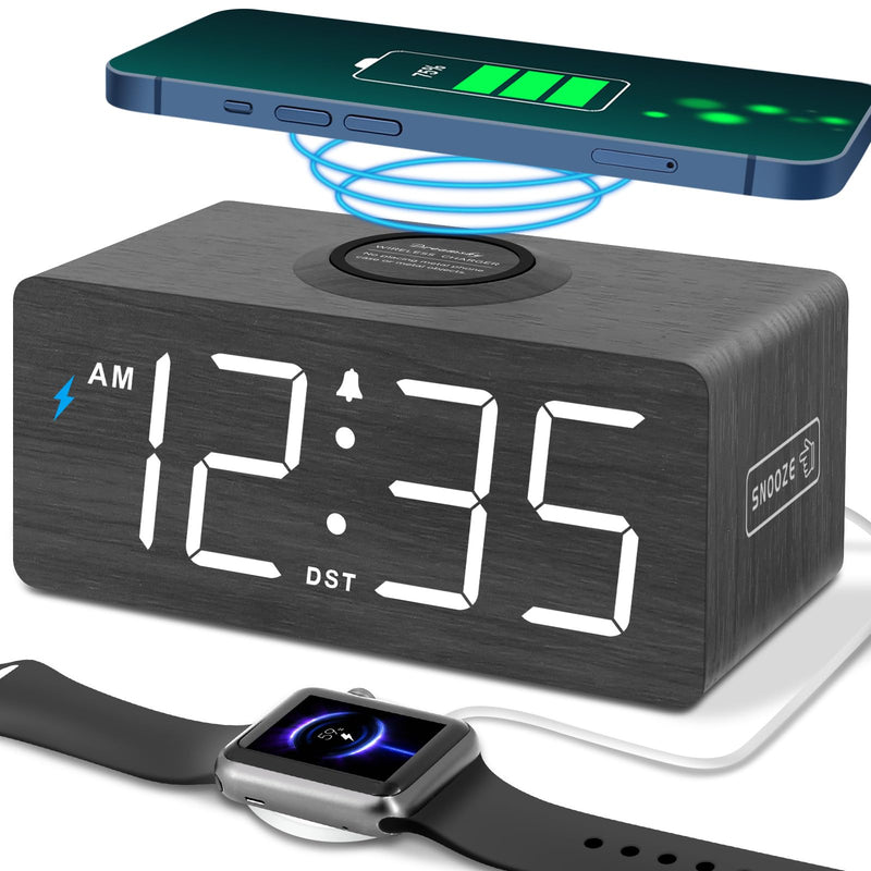 DreamSky Wooden Digital Alarm Clock with Wireless Charging for Bedroom, Bedside Nightstand Clock with Charger Station, USB Port, Large Numbers, Adjustable Volume, Brightness Dimmer, DST Black
