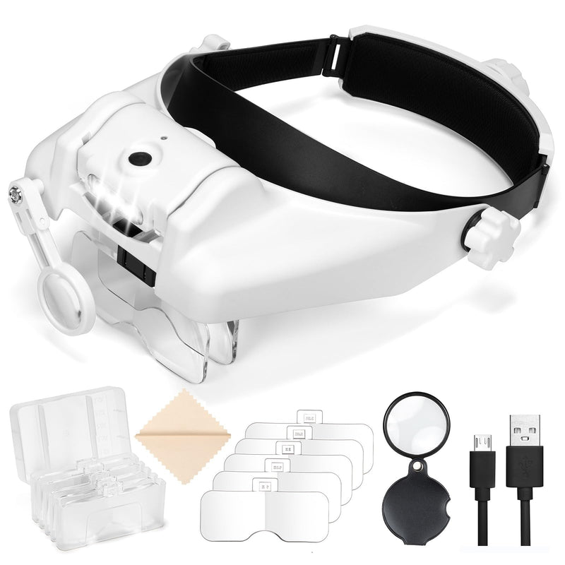 Magnifying Glass with Light - 1X to 14X Magnifying Glasses for Close Work, Adjustable Jewelers Loupe Headset with 1x, 1.5X, 2X, 2.5X, 3.5X Lens for Hobby, Jewelry, Crafts White