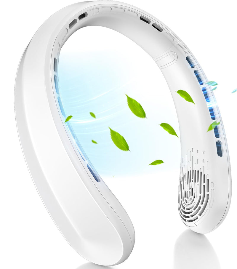 Neck Fan, Portable Fan around Neck, 5200mAh Battery Operated Wearable Personal Fan with USB Rechargeable, 3 Wind Speed,Ultra Quiet, Bladeless,Headphone Design for Travel, Men Women White