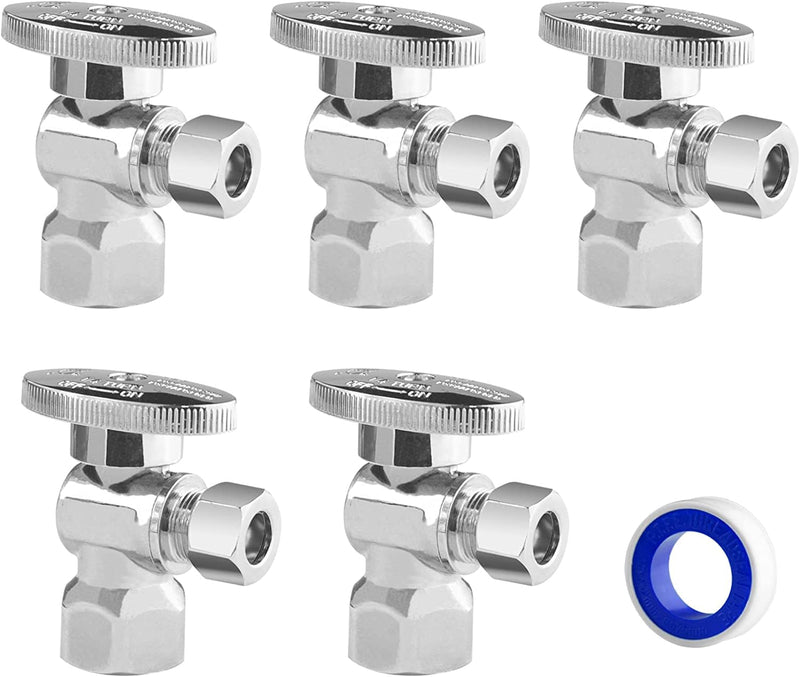 WiseWater Angle Stop Valve, 3/8" O.D Compression x 1/2" FNPT Toilet Shut Off Valve, Quarter Turn Chrome Plated Brass Fittings for Bathroom, Toilet, Kitchen (Pack of 5) 3/8" O.D X 1/2'' FNPT 5pack